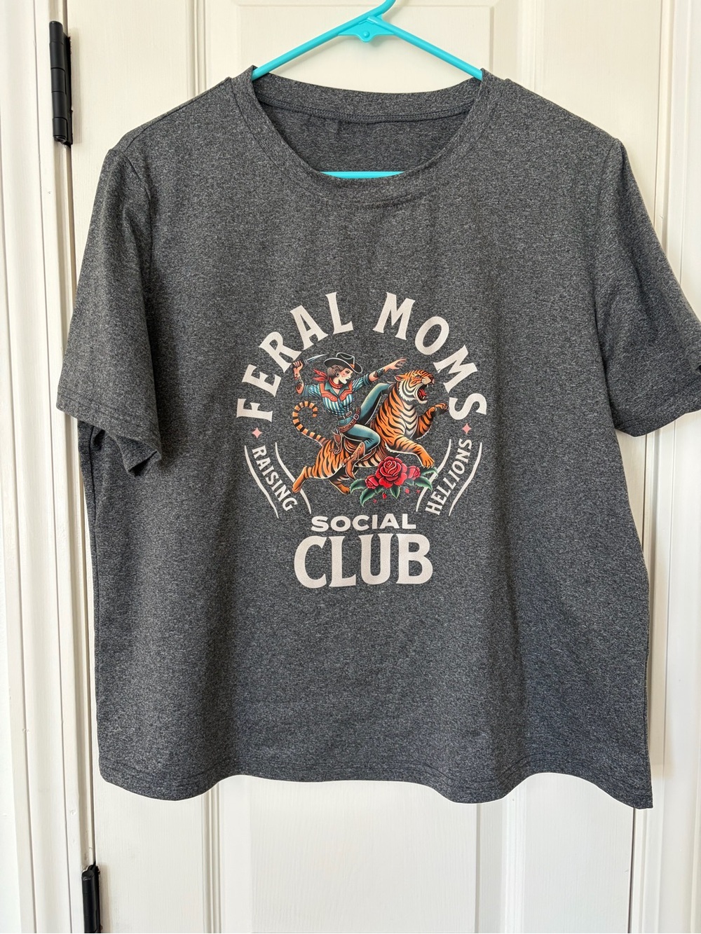 XL feral moms club dark gray graphic tee